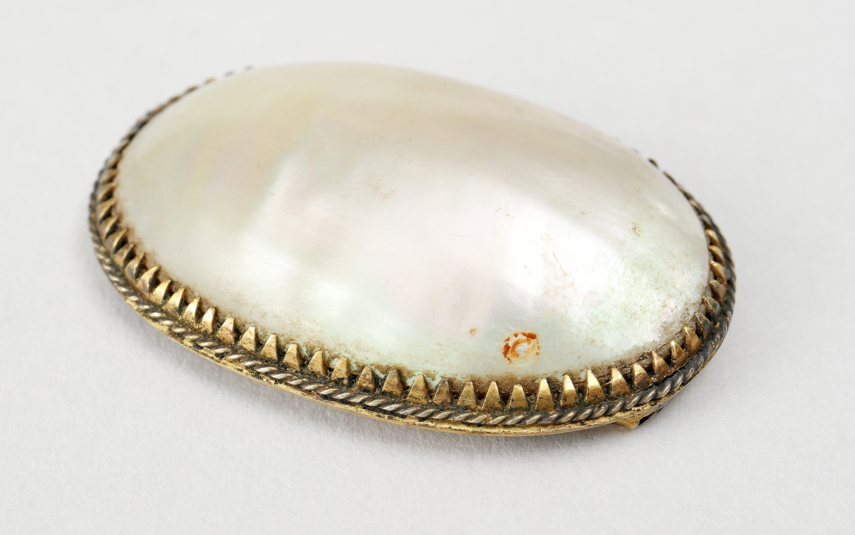 Ovalt spänne (för dam) av pärlemo, infattat i förgylld metall. Infattningen är gjord i uddmönster. Undersidans ram har två längsgående rör, samt en hake fastlödda.

Inskrivet i huvudbok 1867.