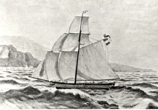 Skipet Restauration under seil. Illustrasjon fra bok.
På bak