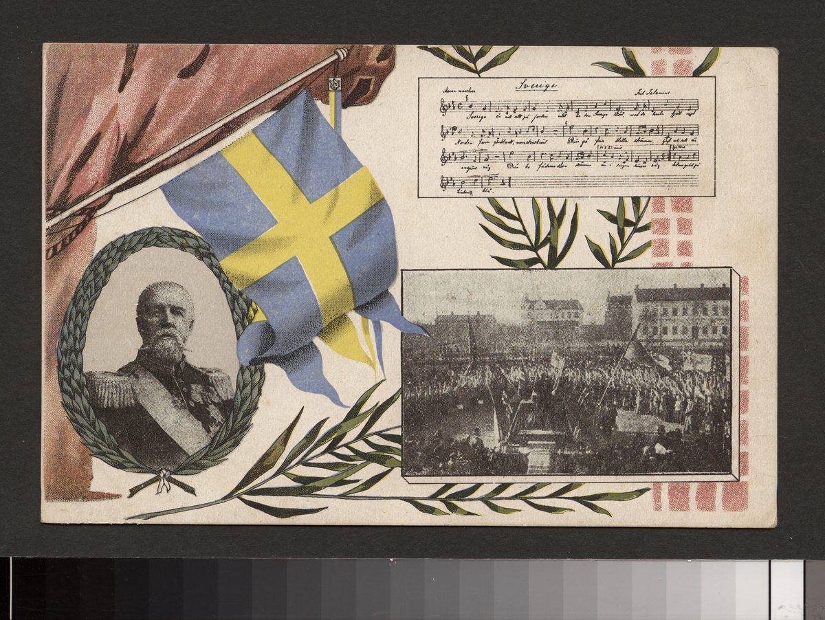 Vykort på Oscar II och en sång "Sverige" samt bild.