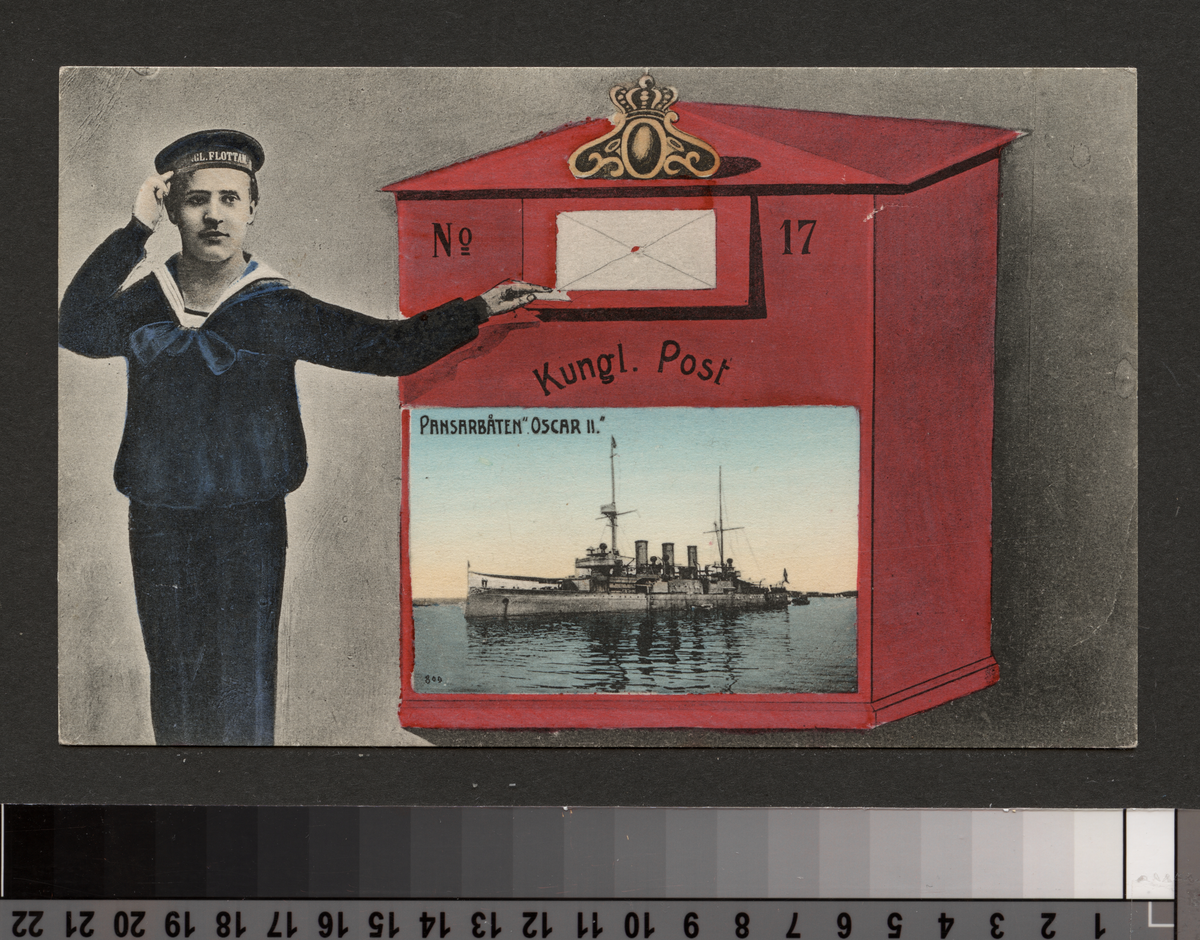 Vykort visar en skeppsgosse framför en brevlåda med en bild på  pansarbåten Oscar II.
