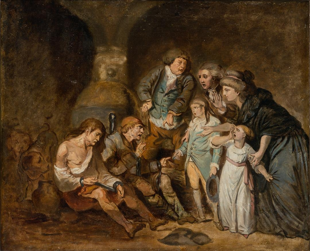 En vokter ledsager en fornem familie gjennom en kjeller med fanger lenket til pillarer. Denne fengselscenen gir et sterkt inntrykk av melodrama og sentimentalitet. Som på en teaterscene foregår handlingen i forgrunnen. Følelsene vises med talende ansiktsutrykk og dramatiske gester.