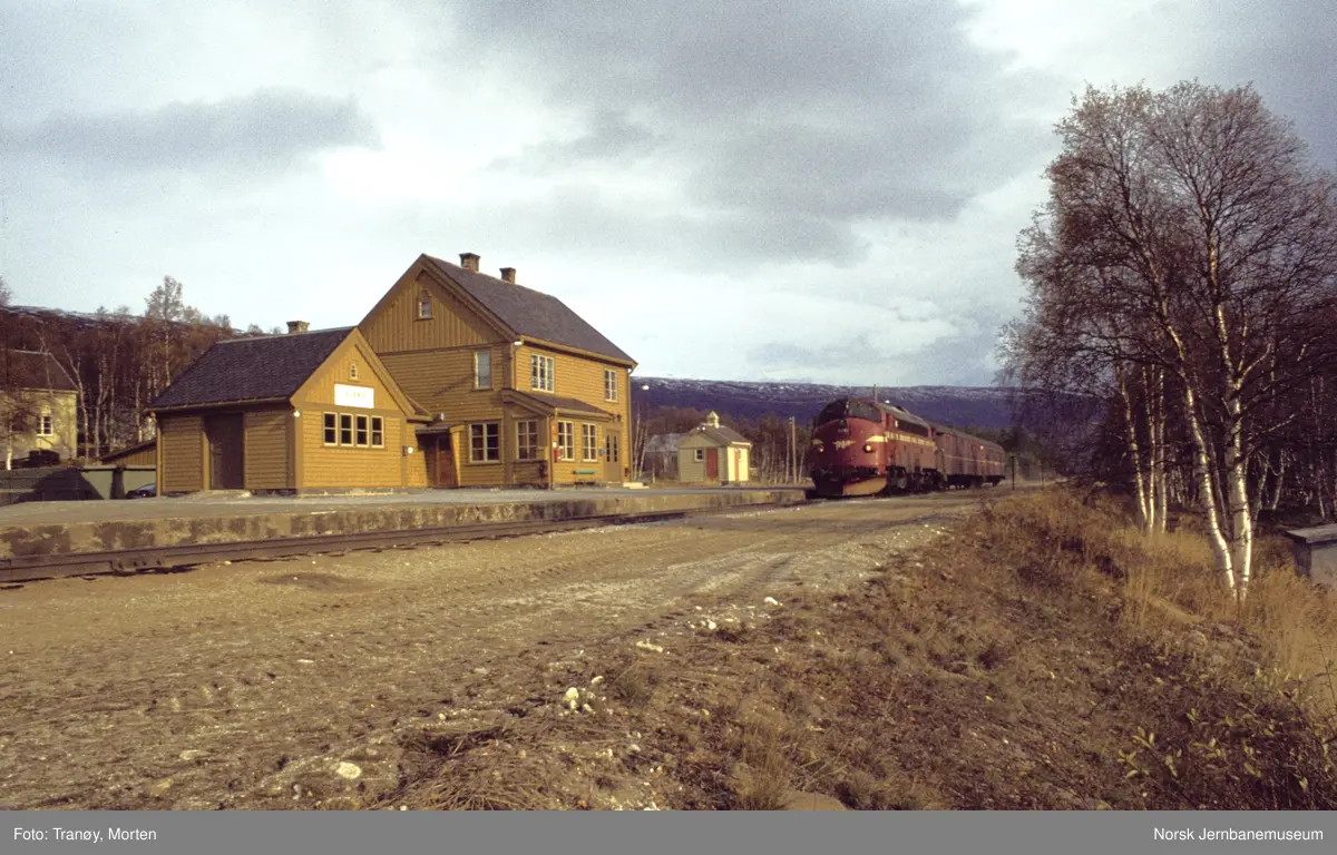 Lesjaskog holdeplass på Raumabanen. Diesellokomotiv Di 3 med persontog fra Dombås til Åndalsnes ankommer