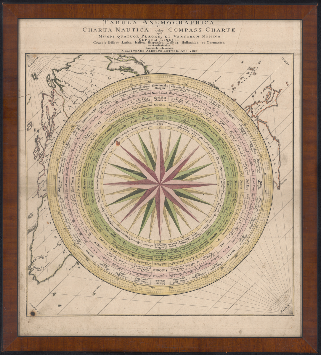 "Tabula Anemographica seu Charta Nautica vulgo qua Compars Charte". Kompassros med streckens benämning på grekiska, latin, italienska, spanska, franska, holländska och tyska.