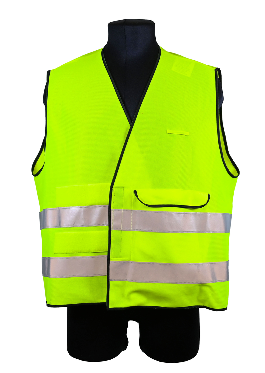 Gul reflexväst för banpersonal. Västen har två breda reflexband som går hela vägen runt och stängs framtill med kardborreband. På vänster sida om öppningen sitter en ficka och ovanför den en ögla i samma tyg som västen. Svart passpoal vid alla kantsömmar. På insidan vid vänster axel sitter en produktionsetikett med tvättråd och produktinformation.

Västen är tillverkad av Sto-Nor Industri A.S, Norge.