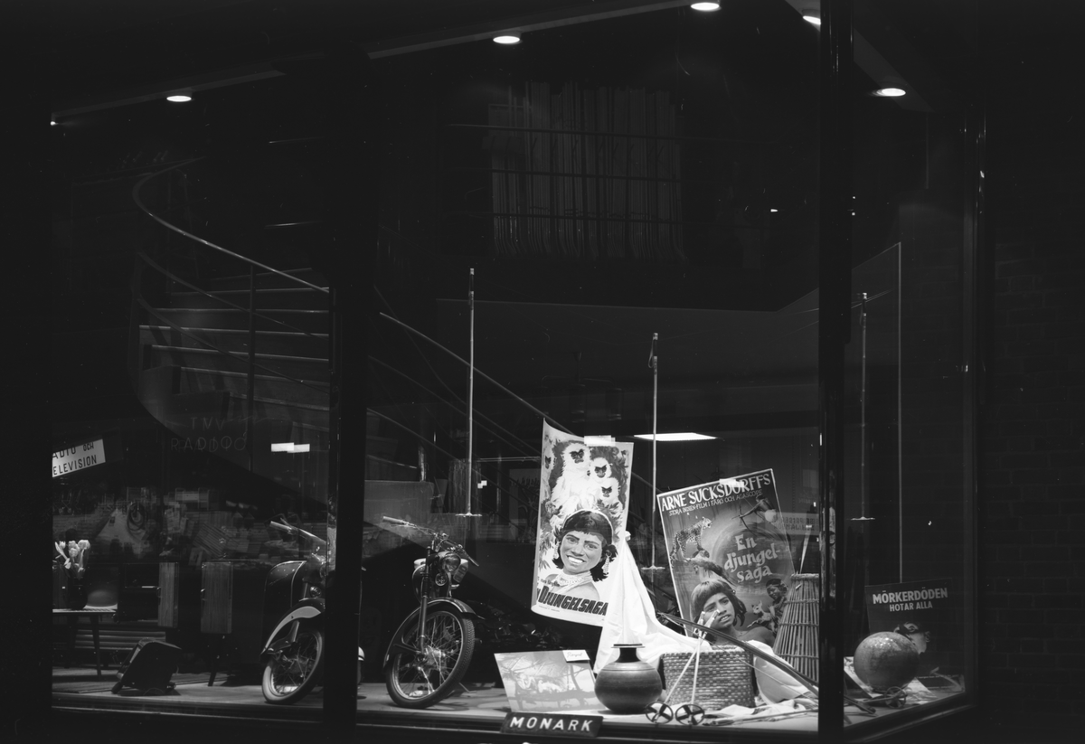 Skyltfönster som gör reklam för Arne Sucksdorffs film En djungelsaga. Bilden är tagen den 11 februari 1958 av Ateljé Eggeborn.