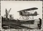 Bilden visar en Hawker Osprey S 9 sjöflygplan som står på katapulten ombord på Gotland.