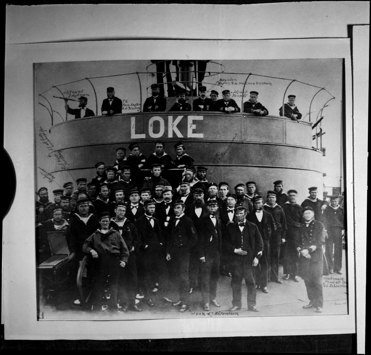 Denna gruppfoto föreställer manskapet ombord på monitor Loke år 1877. På denna reproduktion finns namnen av flera avbildade påskriven med blyertspenna.
