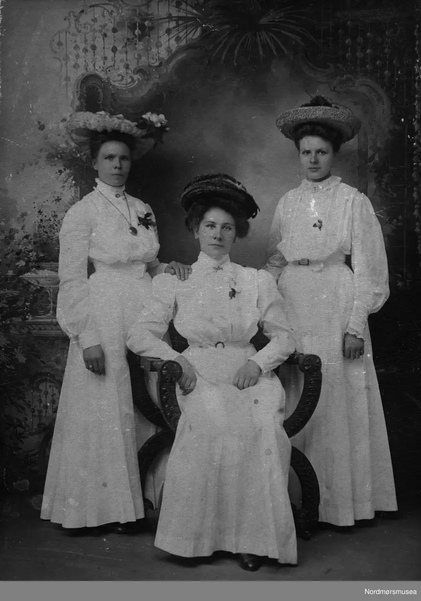 Portrett av tre ukjente kvinner. Trolig tre søstre som utvandret til USA. Fotograf er Arthur Nelson Sanborn, Wilmington, Delaware. Datering er trolig omkring 1904-1910.