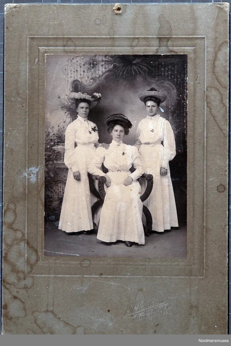 Portrett av tre ukjente kvinner. Trolig tre søstre som utvandret til USA. Fotograf er Arthur Nelson Sanborn, Wilmington, Delaware. Datering er trolig omkring 1904-1910.