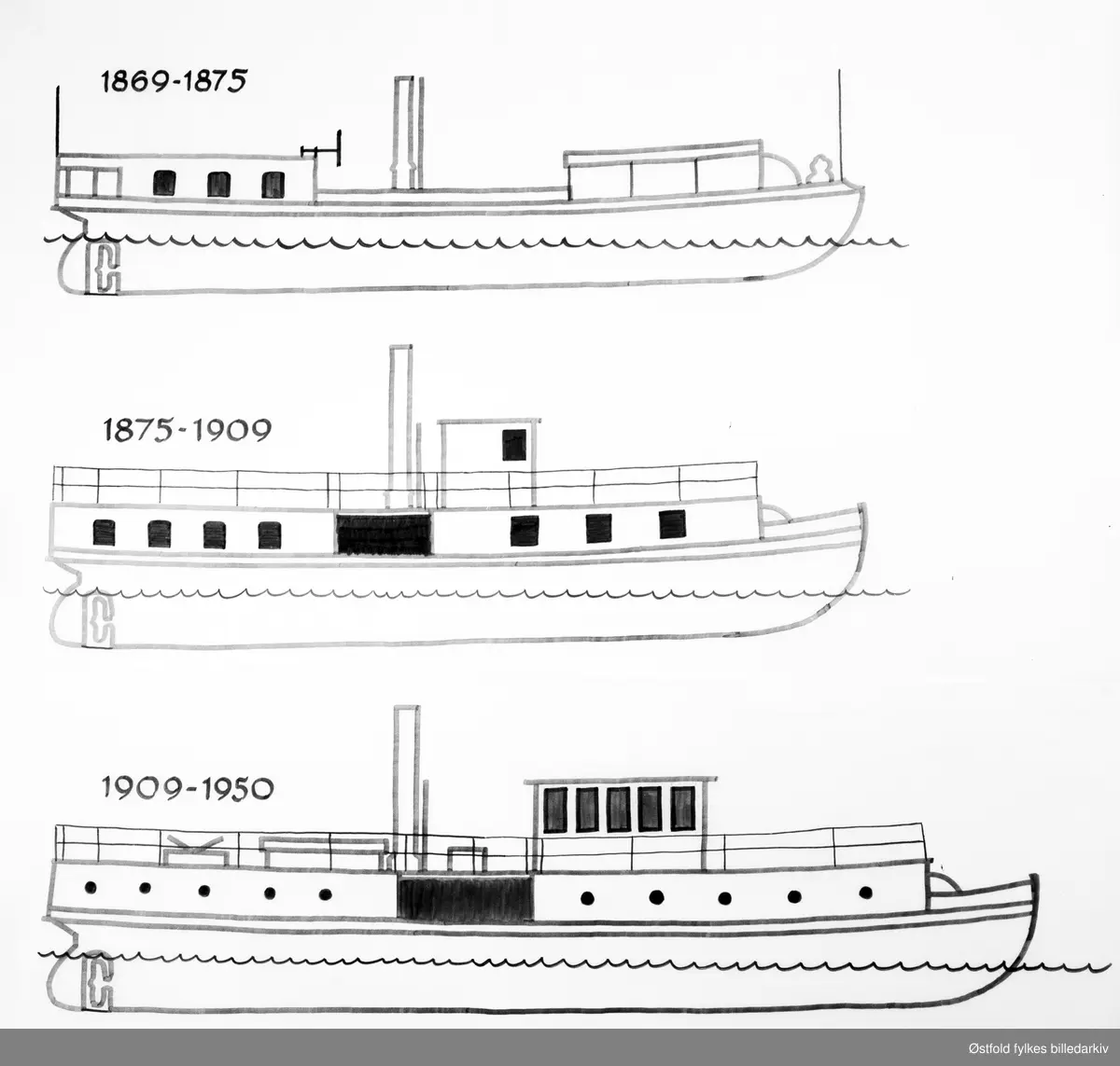 DS Krabben, konstruksjons - og linjetegning. Etter originaltegningene av 1869 på Akers mekaniske verksted.

"Krabben i tre stadier. Grovt oppriss på grunnlag av konstruksjonstegningene og fotografier før og etetr 1909. Styrhuset på nederste tegning var kombinert med overdekning for trappegangen fra hoveddekket til øvre dekk." (Truls Nygaard 1972)
Dampbåten  DS Krabben gikk i rute langs Glomma fra Glengshølen i Sarpsborg til Lindhol i Eidsberg med mange stoppesteder underveis på begge sider av Glomma i perioden 1869 til 1947.