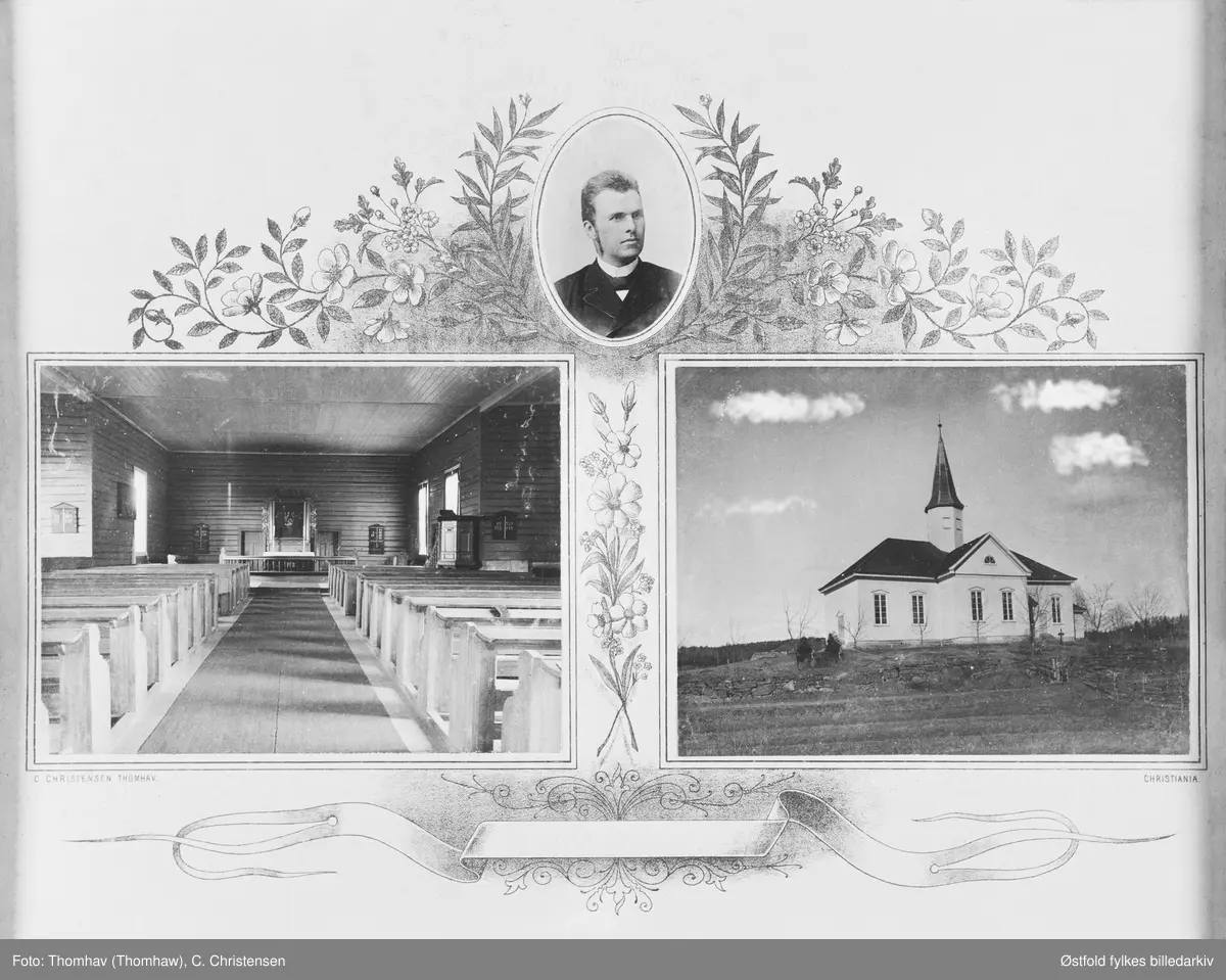 Varteig kirke ca. 1900. Fotomontasje. Eksteriør og interiør av Varteig kirke, samt portrett av presten Gill. Tatt rundt århundreksiftet før omgjøring av kirken i 1911. Bildene er registrert som enkelt- bilder - interiør 1149, prest 1150, eksteriør 1151.