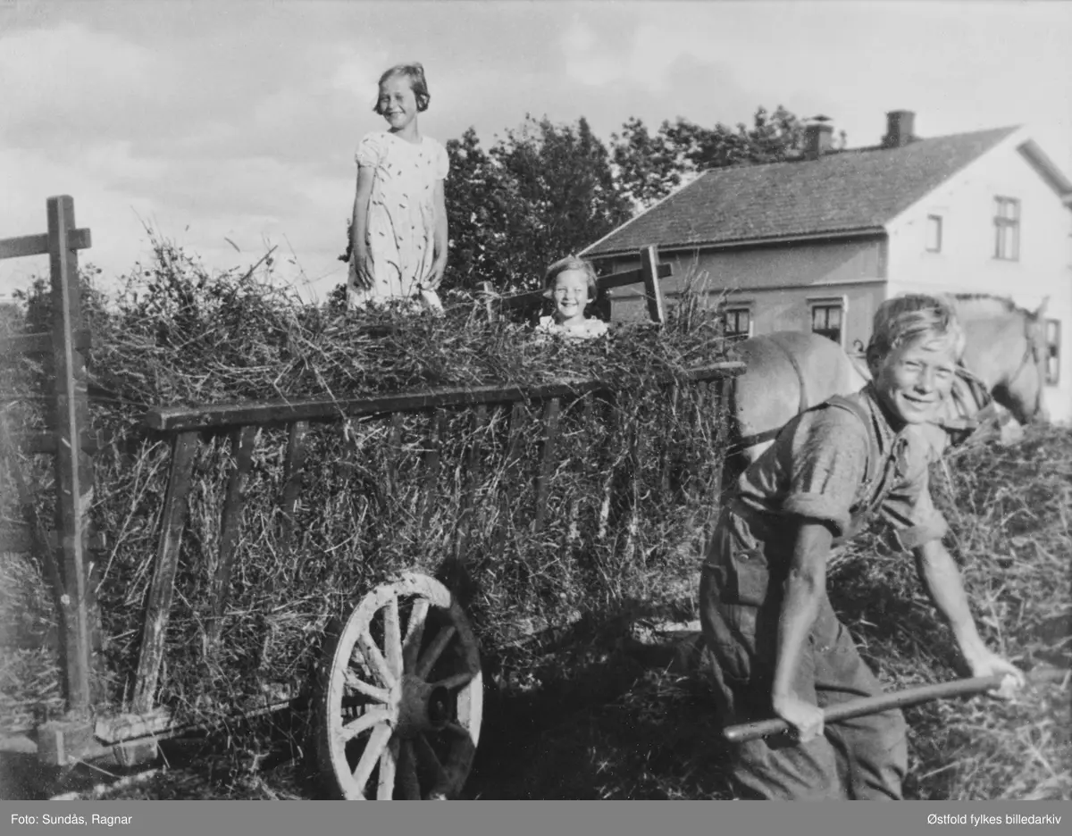 Tangen i Varteig sommeren 1937. Malene Tangen, datter på gården sitter i høyet og venninnen Astrid Bøe fra nabogården står ved siden av. Anker Andersen, feriegjest på gården, lesser høy og Blakken drar.
