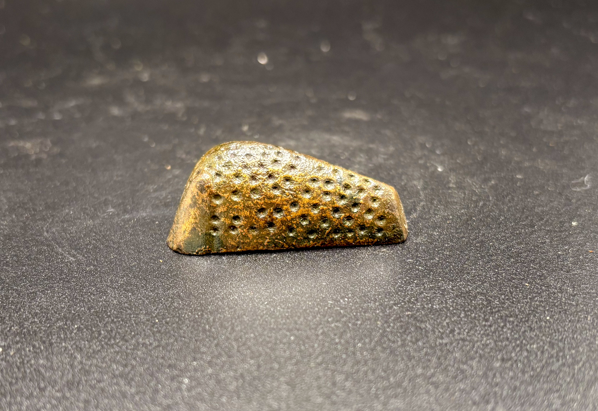 Litet spänne utan bottenplatta och nål med punktornering över hela ovansidan
av brons, l. 48, br. 18 mm. Från tollby i fole.