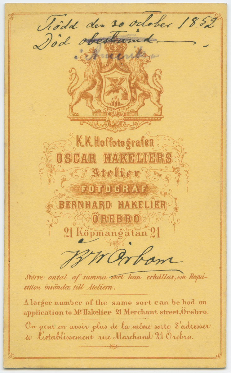 Porträtt på B.W. Örbom född år 1852