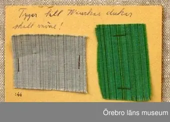Fyrtionio vävprover av melerat bomullstyg i tuskaft. 1-14: melerade i gröna färger. Prov 1 samhör med vävbeställning nr 933 daterad 8/4 1959.15-22: melerade i lila färger.23-30: melerade i bruna färger. Prov 23 samhör med vävbeskrivning nr 932 daterad 7/4 1959.31-34: melerade i gula färger.35-41: melerade i blåa färger.42-45: melerade i röda färger.46: melerat i gråa färger, 47 är melerat i gröna färger. Fastnitade på kartong med text: Tyger till Vivekas dukar skall vävas!48-49: melerade i blåa färger.Bild A=prov 1-3, B= prov 19-22, C=prov 24-27, D=prov 31-32, E=prov 35-36, F=prov 42-43 och G=prov 46-47.Tygerna har använts till broderier och sömnad.