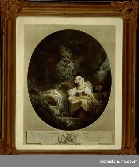 Ur handskrivna katalogen 1957-1958:
Tavla
H. 42,6. Br. 34. (Tryck efter) kopparstick(?). Fragonard: La bonne mere.

Montering/ram: GLAS OCH RAM;

Lappkatalog: