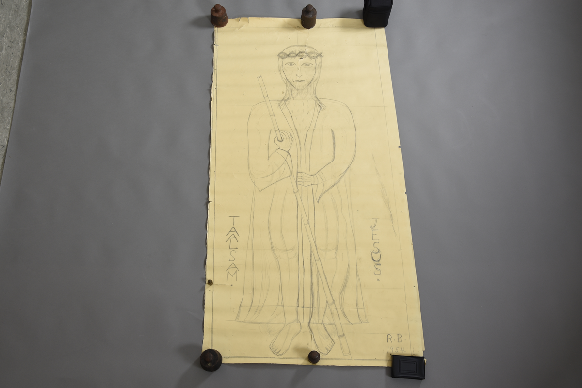 Jesus i heilfigur med tornekrune og stav.