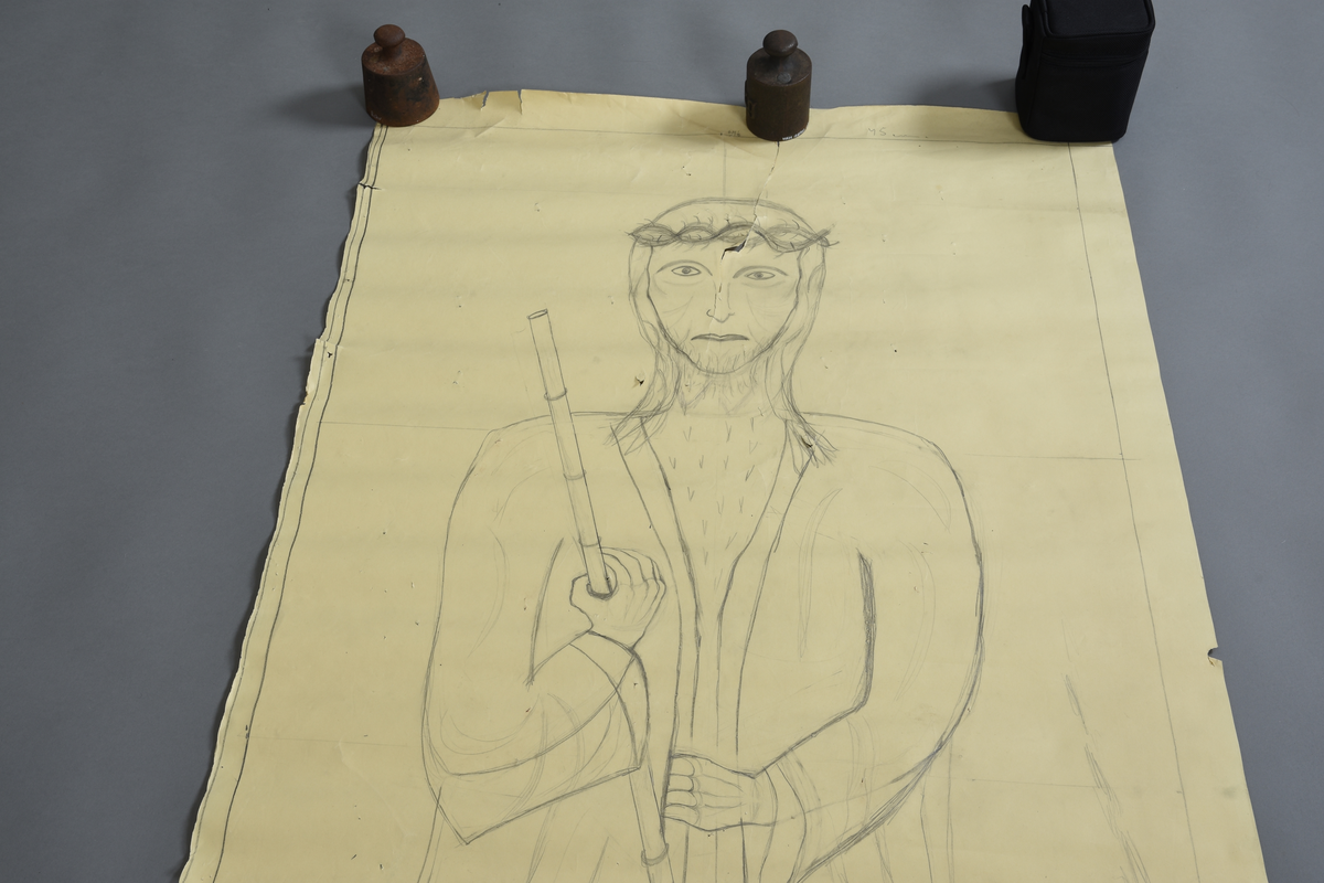 Jesus i heilfigur med tornekrune og stav.