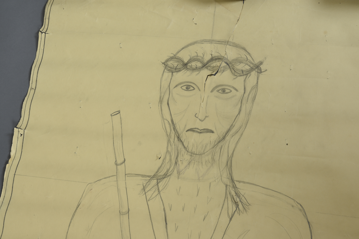 Jesus i heilfigur med tornekrune og stav.