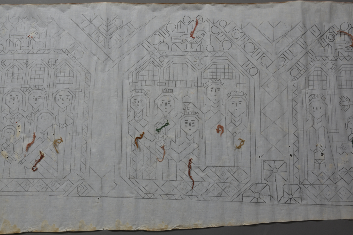 Stilisert motiv, 5 tablåer med oppstilte personar, nokre av dei er kongelege. Dei fem tablåa er i dragestil og har bygningselementar som vindauge bak personane.