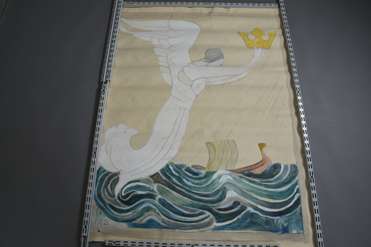 En engel svevar over opprørt hav med ei kruna i hendene, på havet siglar ei seglskute.