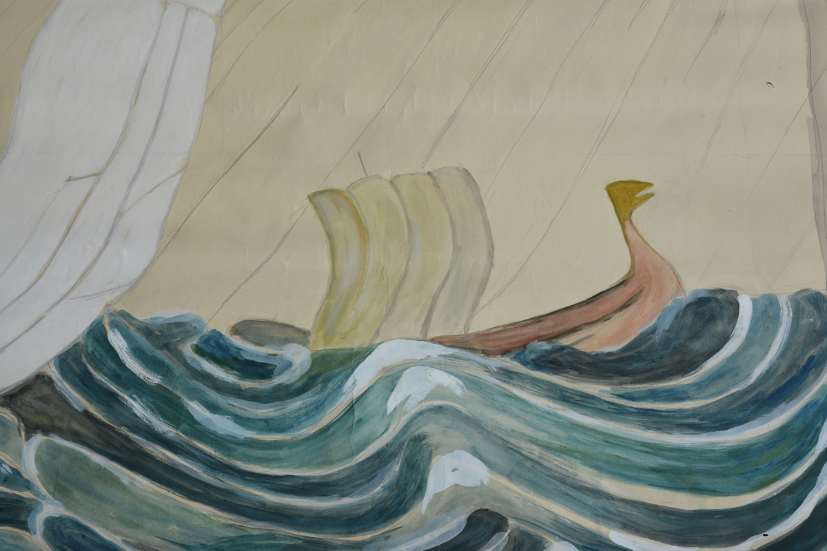 En engel svevar over opprørt hav med ei kruna i hendene, på havet siglar ei seglskute.