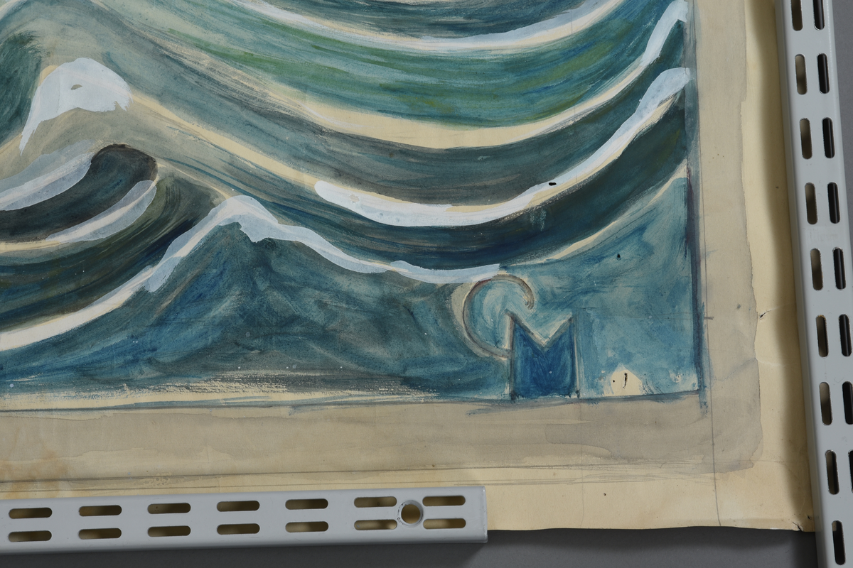 En engel svevar over opprørt hav med ei kruna i hendene, på havet siglar ei seglskute.