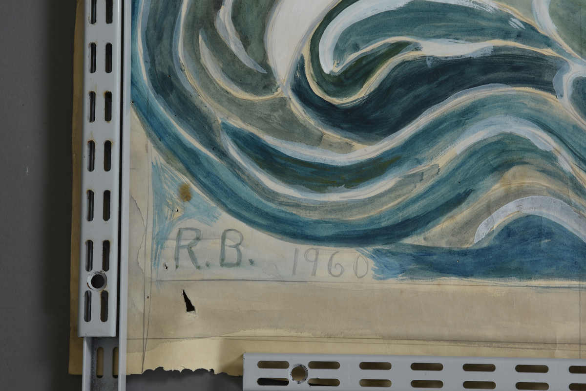 En engel svevar over opprørt hav med ei kruna i hendene, på havet siglar ei seglskute.