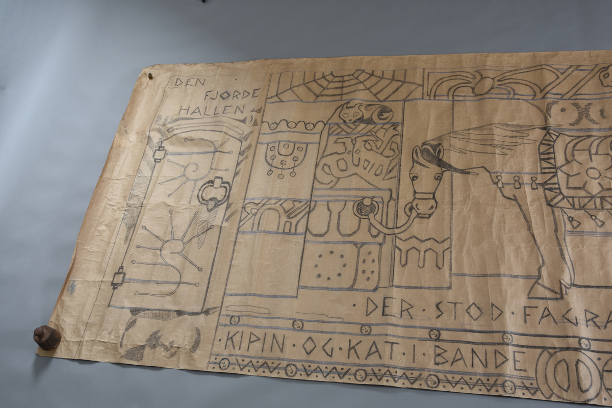 Motiv frå visa om Aasmund Frægdagjeva
Hovudmotiv: Fole med man og hale. Halen står rett ut bak som om folen står i sterk vind. Hestedekken med dekor. Blome og blomeornamentikk er hovudmotiv, dekkenet er kanta med ein bord med geometriske figurer. Bjøller heng frå buk og sele.  I bakgrunnen bak folen er det mur med bua opningar der landskap med nattehimmel kjem til syne i to av dei. Den tredje og siste bua opninga er større og har ei søyle på midten med dekor nedst. Folen er bunden frå grima til ei krok på ei halvvegg/mur. Over muren er det to brune bukkar som står mot kvarandre, katt på ein hylle over. Att med opninga til denne største bua er det ei vegg med dekor.. Golv med svart tekst.

Sidemotiv til venstre, eit felt med skrift øvst og dør under. Dør. Flekk foran døra.

Oppe: ei vannrett bord med edderkoppspinn, så ei bord med ei vevkjerring att med eit dyr/drakelignande skapning.
Nede: vannrett bord med tekst og dekor, så sirkelrunde figurer, skjold?

Kant rundt heile teppet, smalast på kortsidane.