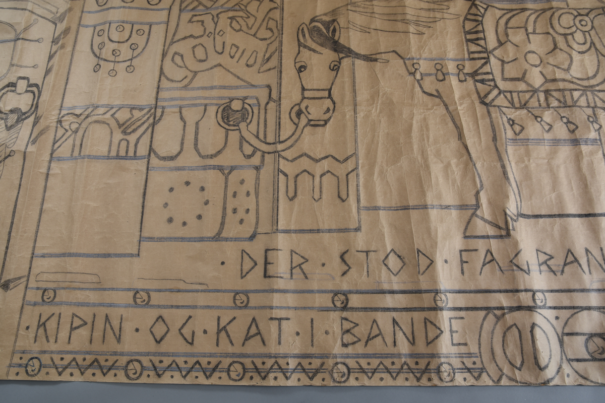 Motiv frå visa om Aasmund Frægdagjeva
Hovudmotiv: Fole med man og hale. Halen står rett ut bak som om folen står i sterk vind. Hestedekken med dekor. Blome og blomeornamentikk er hovudmotiv, dekkenet er kanta med ein bord med geometriske figurer. Bjøller heng frå buk og sele.  I bakgrunnen bak folen er det mur med bua opningar der landskap med nattehimmel kjem til syne i to av dei. Den tredje og siste bua opninga er større og har ei søyle på midten med dekor nedst. Folen er bunden frå grima til ei krok på ei halvvegg/mur. Over muren er det to brune bukkar som står mot kvarandre, katt på ein hylle over. Att med opninga til denne største bua er det ei vegg med dekor.. Golv med svart tekst.

Sidemotiv til venstre, eit felt med skrift øvst og dør under. Dør. Flekk foran døra.

Oppe: ei vannrett bord med edderkoppspinn, så ei bord med ei vevkjerring att med eit dyr/drakelignande skapning.
Nede: vannrett bord med tekst og dekor, så sirkelrunde figurer, skjold?

Kant rundt heile teppet, smalast på kortsidane.