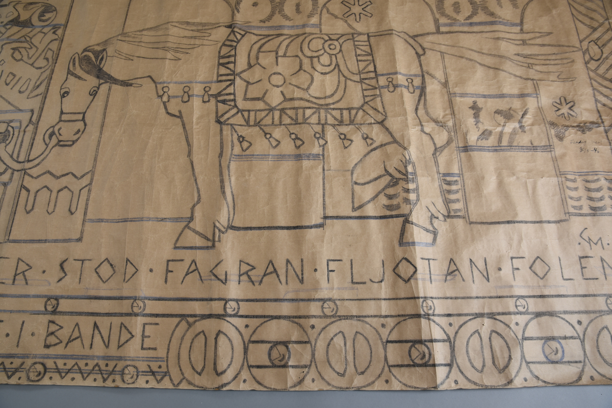 Motiv frå visa om Aasmund Frægdagjeva
Hovudmotiv: Fole med man og hale. Halen står rett ut bak som om folen står i sterk vind. Hestedekken med dekor. Blome og blomeornamentikk er hovudmotiv, dekkenet er kanta med ein bord med geometriske figurer. Bjøller heng frå buk og sele.  I bakgrunnen bak folen er det mur med bua opningar der landskap med nattehimmel kjem til syne i to av dei. Den tredje og siste bua opninga er større og har ei søyle på midten med dekor nedst. Folen er bunden frå grima til ei krok på ei halvvegg/mur. Over muren er det to brune bukkar som står mot kvarandre, katt på ein hylle over. Att med opninga til denne største bua er det ei vegg med dekor.. Golv med svart tekst.

Sidemotiv til venstre, eit felt med skrift øvst og dør under. Dør. Flekk foran døra.

Oppe: ei vannrett bord med edderkoppspinn, så ei bord med ei vevkjerring att med eit dyr/drakelignande skapning.
Nede: vannrett bord med tekst og dekor, så sirkelrunde figurer, skjold?

Kant rundt heile teppet, smalast på kortsidane.