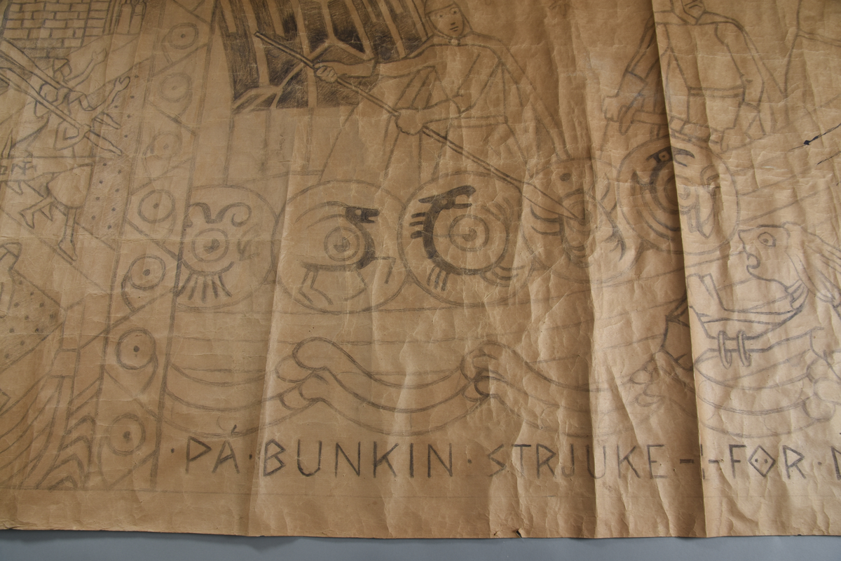 Motiv frå visa om Aasmund Frægdegjeva.
Hovudmotiv: Tre hærmenn, to av dei med kappe, ein i kjole i båt på sjøen. To kjempar med sverd, ein med spyd mot fire havfruar på sjøen. Sjø og himmelbakgrunn. På båtstripa fem skjold med dyremønster. Stor fugl på svart til venstre over båten.
Sidemotiv: 1) Dekorativ bord med mønster. 2) Tre kledde hærmenn går fra slott til båt. 3) Same som 1.
Oppe: Bord med tre flygande fuglar.
Nede: Tekst på hav.