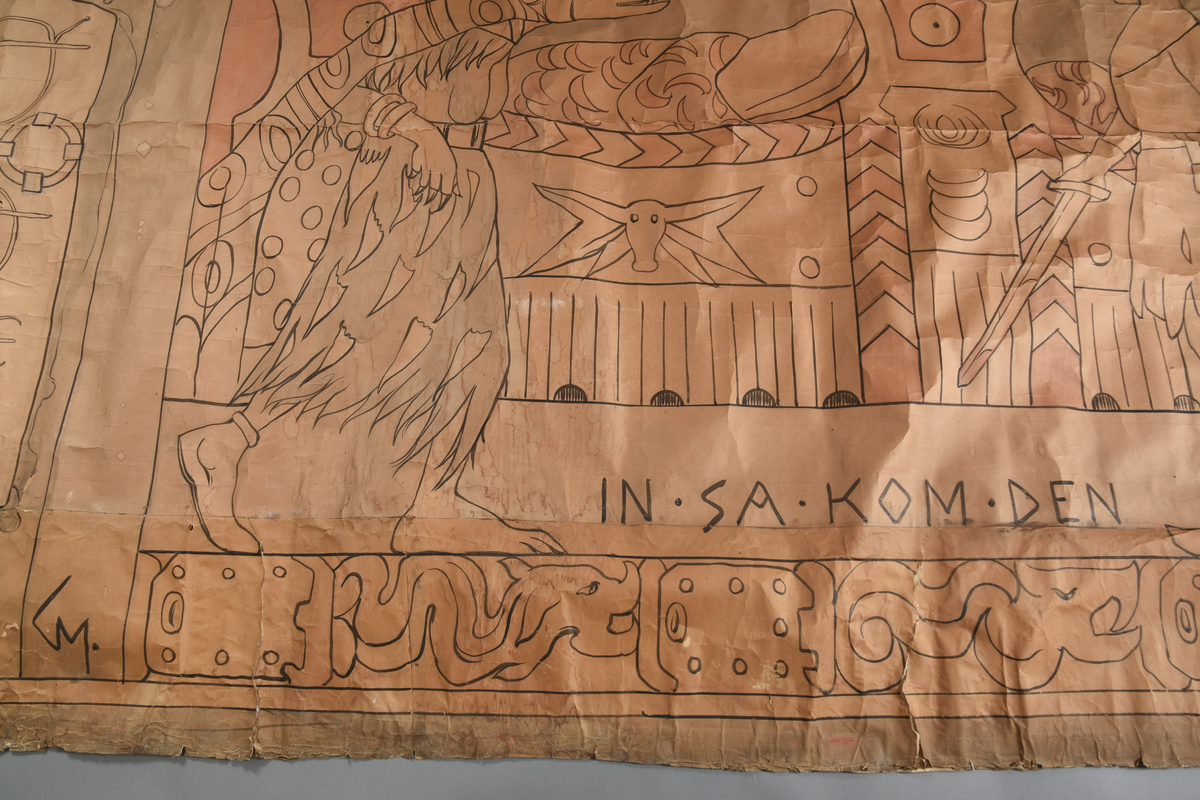 Motiv frå visa om Aasmund Frægdagjeva
Hovudmotiv: Trollskapning, kvinneskikkelse (Gygre) sterkt nuppete kropp. Nuppete grå kjole, mønster i skjørtekant. Grått hår. Cape med mønster fell nedetter ryggjen. To armringar. Klør og tryne som villgris. Mann med klede, høge sko, hjelm og sverd med flekkar i handa. Kvinne sit i ein stol/gøymer seg bak mannen, hun har kjole med dekorelement. Langt ljost hår og hjelm. Stolen har krosslignande dekor. Setet har detaljar. Bak dei er det to plassbygde senger som er oppreidd med dyne og pute. Dyna er kvit med detaljar, puten er berre kvit. Sengane er dekorerte med dekorelementer.
Sidemotiv: til venstre eit loddrett felt med svart tekst øvst. Ei dør med svart jarn midt i sidefeltet. 
Oppe:  vannrett bord med  5 dragar og eit vikingskip. 
Nede: vannrett bord - kan også tolkast som gulv i motivet med skrift. Sokkel under stolen med svart skrift på sida, kvit oppå. 
Heilt nedst på teppet er det ein vannrett bord med dekor av ormar og noko som kan tolkast som beslag/låser.