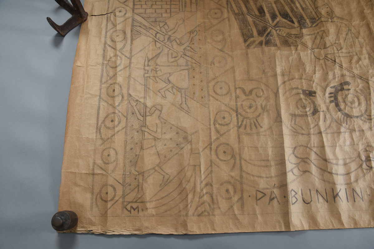 Motiv frå visa om Aasmund Frægdegjeva.
Hovudmotiv: Tre hærmenn, to av dei med kappe, ein i kjole i båt på sjøen. To kjempar med sverd, ein med spyd mot fire havfruar på sjøen. Sjø og himmelbakgrunn. På båtstripa fem skjold med dyremønster. Stor fugl på svart til venstre over båten.
Sidemotiv: 1) Dekorativ bord med mønster. 2) Tre kledde hærmenn går fra slott til båt. 3) Same som 1.
Oppe: Bord med tre flygande fuglar.
Nede: Tekst på hav.