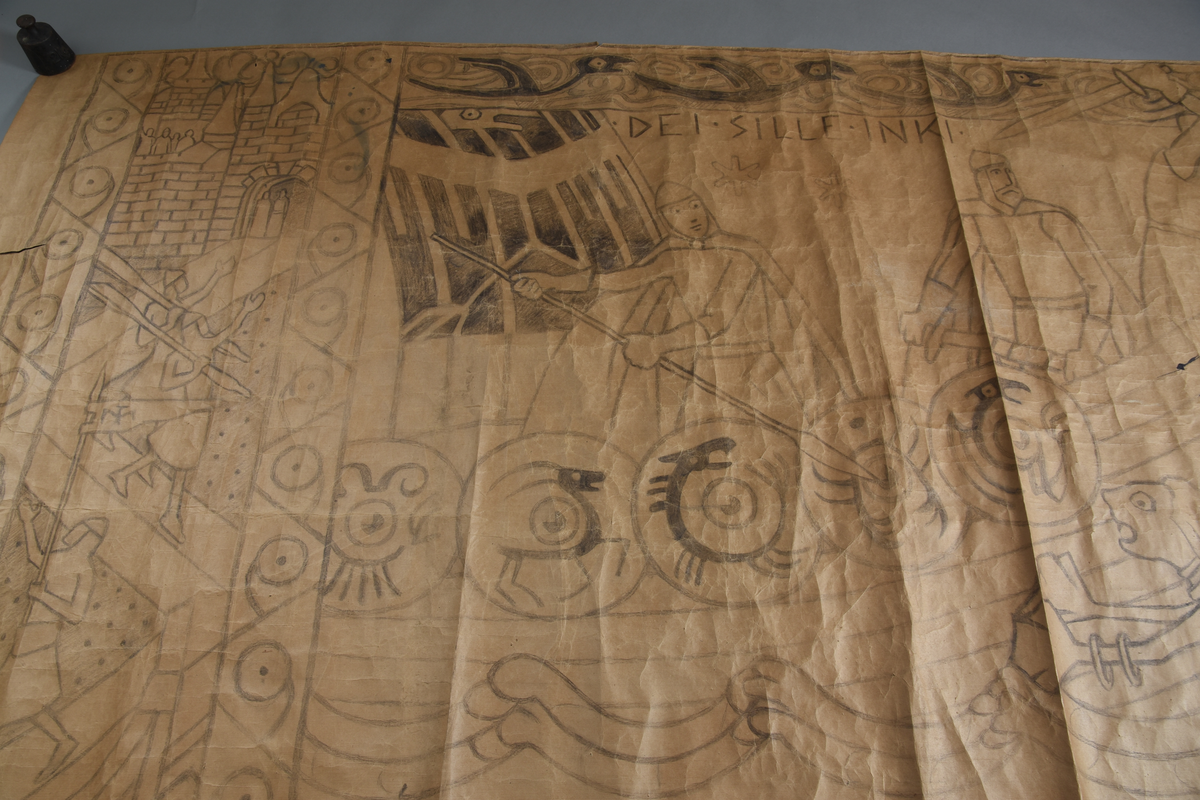 Motiv frå visa om Aasmund Frægdegjeva.
Hovudmotiv: Tre hærmenn, to av dei med kappe, ein i kjole i båt på sjøen. To kjempar med sverd, ein med spyd mot fire havfruar på sjøen. Sjø og himmelbakgrunn. På båtstripa fem skjold med dyremønster. Stor fugl på svart til venstre over båten.
Sidemotiv: 1) Dekorativ bord med mønster. 2) Tre kledde hærmenn går fra slott til båt. 3) Same som 1.
Oppe: Bord med tre flygande fuglar.
Nede: Tekst på hav.