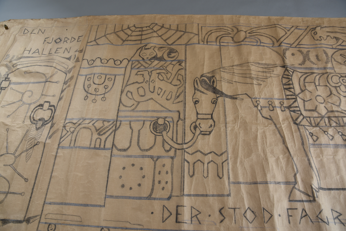 Motiv frå visa om Aasmund Frægdagjeva
Hovudmotiv: Fole med man og hale. Halen står rett ut bak som om folen står i sterk vind. Hestedekken med dekor. Blome og blomeornamentikk er hovudmotiv, dekkenet er kanta med ein bord med geometriske figurer. Bjøller heng frå buk og sele.  I bakgrunnen bak folen er det mur med bua opningar der landskap med nattehimmel kjem til syne i to av dei. Den tredje og siste bua opninga er større og har ei søyle på midten med dekor nedst. Folen er bunden frå grima til ei krok på ei halvvegg/mur. Over muren er det to brune bukkar som står mot kvarandre, katt på ein hylle over. Att med opninga til denne største bua er det ei vegg med dekor.. Golv med svart tekst.

Sidemotiv til venstre, eit felt med skrift øvst og dør under. Dør. Flekk foran døra.

Oppe: ei vannrett bord med edderkoppspinn, så ei bord med ei vevkjerring att med eit dyr/drakelignande skapning.
Nede: vannrett bord med tekst og dekor, så sirkelrunde figurer, skjold?

Kant rundt heile teppet, smalast på kortsidane.