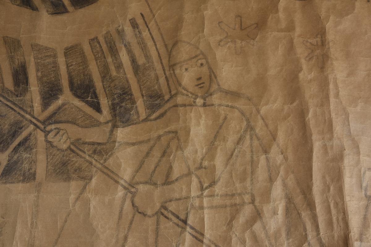 Motiv frå visa om Aasmund Frægdegjeva.
Hovudmotiv: Tre hærmenn, to av dei med kappe, ein i kjole i båt på sjøen. To kjempar med sverd, ein med spyd mot fire havfruar på sjøen. Sjø og himmelbakgrunn. På båtstripa fem skjold med dyremønster. Stor fugl på svart til venstre over båten.
Sidemotiv: 1) Dekorativ bord med mønster. 2) Tre kledde hærmenn går fra slott til båt. 3) Same som 1.
Oppe: Bord med tre flygande fuglar.
Nede: Tekst på hav.