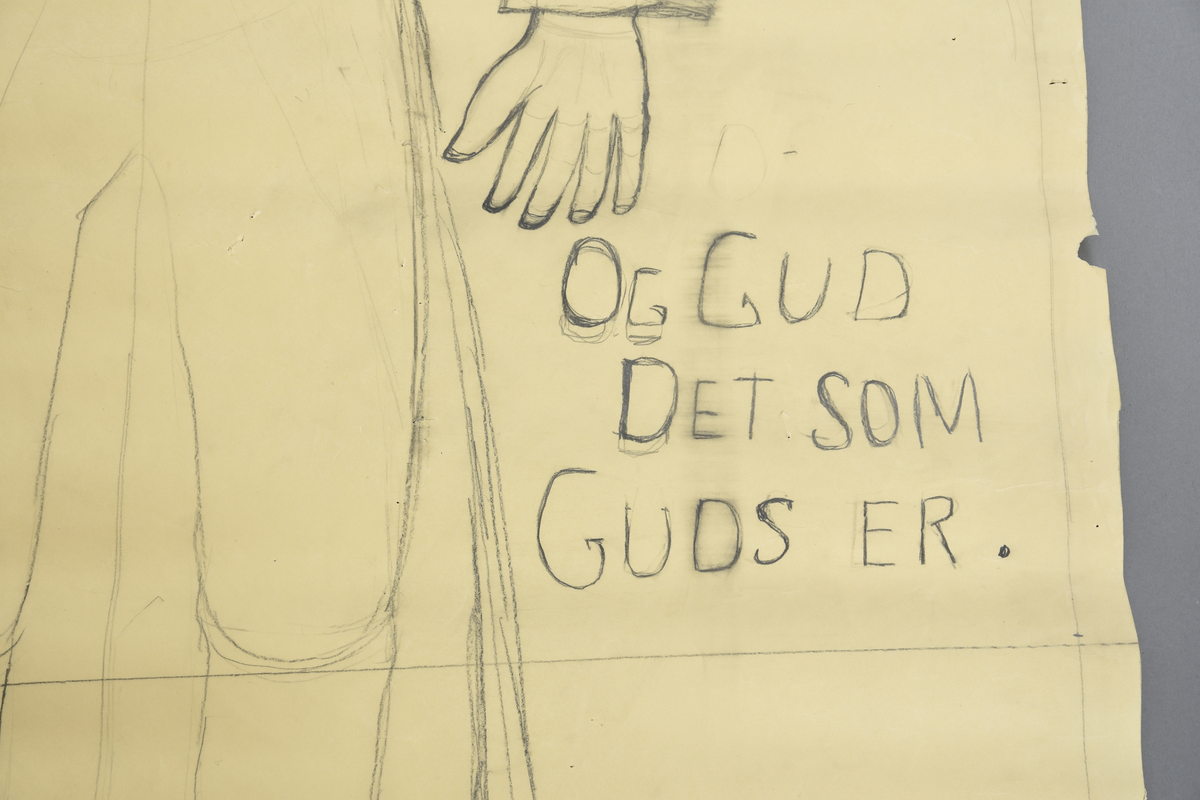 Jesus/mannskikkelse i kjole og sandaler. Langt hår/skjegg. Runding i høgre hand. Han står oppreist med høgre handa og armen ut til siden. Anatomien på beina er synleg gjennom kleda.