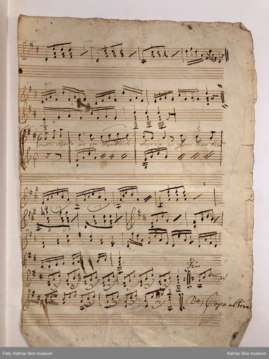 KLM 14062:2. Noter. Av papper. Handskrift, 9 lösa blad, 14 sidor med noter utan direkt inbördes sammanhang, innehållande musik för luta solo, duetter för två lutor samt luta och sång. Handskriften har förvarats i fodralet till luta KLM 14062:1. Olika mått.

Blad 1. Löste med Tummen [spelanvisningar]
Blad 2-2v. March [luta solo]
Blad 3. Allegretto ur Målarn och Modellerna [Étienne Nicolas Méhul] [sång och luta]
Blad 4. Andantino mezzo u Cendrillon [Niccolo Isouard] [duett för lutor?]
Blad 4v. [fragment, duett för lutor?]
Blad 5. Andante utur Hemligheten af Della Maria [Della Maria, Dominique eller Jean Pierre Solié] [duett för lutor?]
Blad 5v. Gläd dig medan du förmår... [endast text]
Blad 6. Romance af Fr[anz] Danzi. Sång/Lutha. Sörg icke mer...
Blad 7. Andante. Den man som utaf kärlek brinner... [Wolfgang Amadeus Mozart] [sång och luta]
Blad 8. Andante. Som en ängel från det ljusa - höga skön han var... [sång och luta]
Blad 8v. [Fragment för luta solo]
Blad 8v. Uppå de höga alpernes [sång och luta med fragmentarisk text]
Blad 9. Polonaise af Nauman [Johann Gottlieb Naumann] [luta solo, ej komplett, ur operan Gustaf Vasa?]
Blad 9v. Allegretto af [Olof] Åhlström. Mer lycklig än Croesus de Lydiers kung... [Sk XI:4]

Informationen ovan kommer från inventering av Kenneth Sparr, https://www.tabulatura.com/SITTRA4.htm