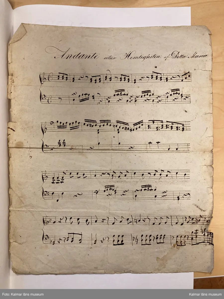 KLM 14062:2. Noter. Av papper. Handskrift, 9 lösa blad, 14 sidor med noter utan direkt inbördes sammanhang, innehållande musik för luta solo, duetter för två lutor samt luta och sång. Handskriften har förvarats i fodralet till luta KLM 14062:1. Olika mått.

Blad 1. Löste med Tummen [spelanvisningar]
Blad 2-2v. March [luta solo]
Blad 3. Allegretto ur Målarn och Modellerna [Étienne Nicolas Méhul] [sång och luta]
Blad 4. Andantino mezzo u Cendrillon [Niccolo Isouard] [duett för lutor?]
Blad 4v. [fragment, duett för lutor?]
Blad 5. Andante utur Hemligheten af Della Maria [Della Maria, Dominique eller Jean Pierre Solié] [duett för lutor?]
Blad 5v. Gläd dig medan du förmår... [endast text]
Blad 6. Romance af Fr[anz] Danzi. Sång/Lutha. Sörg icke mer...
Blad 7. Andante. Den man som utaf kärlek brinner... [Wolfgang Amadeus Mozart] [sång och luta]
Blad 8. Andante. Som en ängel från det ljusa - höga skön han var... [sång och luta]
Blad 8v. [Fragment för luta solo]
Blad 8v. Uppå de höga alpernes [sång och luta med fragmentarisk text]
Blad 9. Polonaise af Nauman [Johann Gottlieb Naumann] [luta solo, ej komplett, ur operan Gustaf Vasa?]
Blad 9v. Allegretto af [Olof] Åhlström. Mer lycklig än Croesus de Lydiers kung... [Sk XI:4]

Informationen ovan kommer från inventering av Kenneth Sparr, https://www.tabulatura.com/SITTRA4.htm