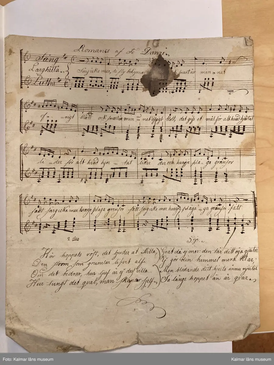 KLM 14062:2. Noter. Av papper. Handskrift, 9 lösa blad, 14 sidor med noter utan direkt inbördes sammanhang, innehållande musik för luta solo, duetter för två lutor samt luta och sång. Handskriften har förvarats i fodralet till luta KLM 14062:1. Olika mått.

Blad 1. Löste med Tummen [spelanvisningar]
Blad 2-2v. March [luta solo]
Blad 3. Allegretto ur Målarn och Modellerna [Étienne Nicolas Méhul] [sång och luta]
Blad 4. Andantino mezzo u Cendrillon [Niccolo Isouard] [duett för lutor?]
Blad 4v. [fragment, duett för lutor?]
Blad 5. Andante utur Hemligheten af Della Maria [Della Maria, Dominique eller Jean Pierre Solié] [duett för lutor?]
Blad 5v. Gläd dig medan du förmår... [endast text]
Blad 6. Romance af Fr[anz] Danzi. Sång/Lutha. Sörg icke mer...
Blad 7. Andante. Den man som utaf kärlek brinner... [Wolfgang Amadeus Mozart] [sång och luta]
Blad 8. Andante. Som en ängel från det ljusa - höga skön han var... [sång och luta]
Blad 8v. [Fragment för luta solo]
Blad 8v. Uppå de höga alpernes [sång och luta med fragmentarisk text]
Blad 9. Polonaise af Nauman [Johann Gottlieb Naumann] [luta solo, ej komplett, ur operan Gustaf Vasa?]
Blad 9v. Allegretto af [Olof] Åhlström. Mer lycklig än Croesus de Lydiers kung... [Sk XI:4]

Informationen ovan kommer från inventering av Kenneth Sparr, https://www.tabulatura.com/SITTRA4.htm