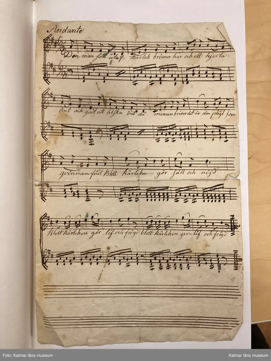 KLM 14062:2. Noter. Av papper. Handskrift, 9 lösa blad, 14 sidor med noter utan direkt inbördes sammanhang, innehållande musik för luta solo, duetter för två lutor samt luta och sång. Handskriften har förvarats i fodralet till luta KLM 14062:1. Olika mått.

Blad 1. Löste med Tummen [spelanvisningar]
Blad 2-2v. March [luta solo]
Blad 3. Allegretto ur Målarn och Modellerna [Étienne Nicolas Méhul] [sång och luta]
Blad 4. Andantino mezzo u Cendrillon [Niccolo Isouard] [duett för lutor?]
Blad 4v. [fragment, duett för lutor?]
Blad 5. Andante utur Hemligheten af Della Maria [Della Maria, Dominique eller Jean Pierre Solié] [duett för lutor?]
Blad 5v. Gläd dig medan du förmår... [endast text]
Blad 6. Romance af Fr[anz] Danzi. Sång/Lutha. Sörg icke mer...
Blad 7. Andante. Den man som utaf kärlek brinner... [Wolfgang Amadeus Mozart] [sång och luta]
Blad 8. Andante. Som en ängel från det ljusa - höga skön han var... [sång och luta]
Blad 8v. [Fragment för luta solo]
Blad 8v. Uppå de höga alpernes [sång och luta med fragmentarisk text]
Blad 9. Polonaise af Nauman [Johann Gottlieb Naumann] [luta solo, ej komplett, ur operan Gustaf Vasa?]
Blad 9v. Allegretto af [Olof] Åhlström. Mer lycklig än Croesus de Lydiers kung... [Sk XI:4]

Informationen ovan kommer från inventering av Kenneth Sparr, https://www.tabulatura.com/SITTRA4.htm