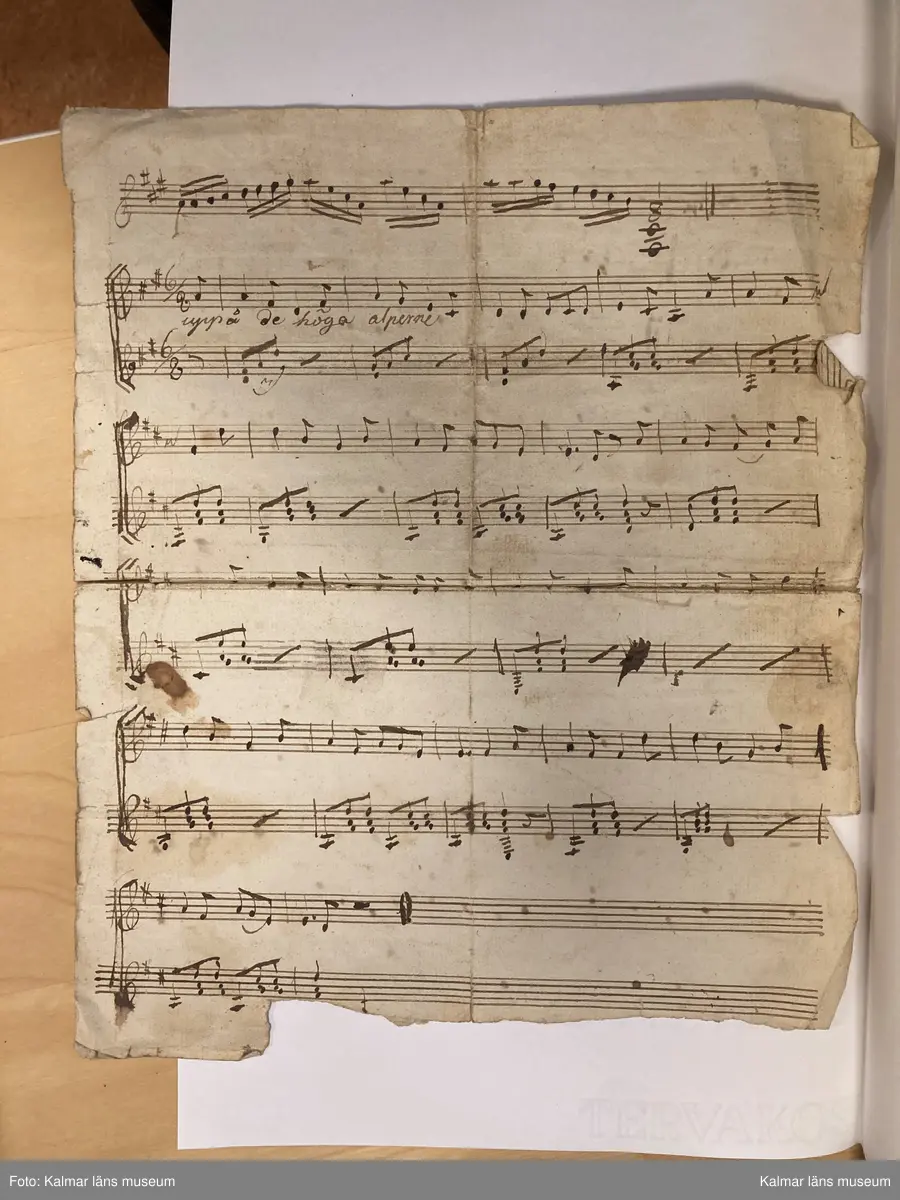 KLM 14062:2. Noter. Av papper. Handskrift, 9 lösa blad, 14 sidor med noter utan direkt inbördes sammanhang, innehållande musik för luta solo, duetter för två lutor samt luta och sång. Handskriften har förvarats i fodralet till luta KLM 14062:1. Olika mått.

Blad 1. Löste med Tummen [spelanvisningar]
Blad 2-2v. March [luta solo]
Blad 3. Allegretto ur Målarn och Modellerna [Étienne Nicolas Méhul] [sång och luta]
Blad 4. Andantino mezzo u Cendrillon [Niccolo Isouard] [duett för lutor?]
Blad 4v. [fragment, duett för lutor?]
Blad 5. Andante utur Hemligheten af Della Maria [Della Maria, Dominique eller Jean Pierre Solié] [duett för lutor?]
Blad 5v. Gläd dig medan du förmår... [endast text]
Blad 6. Romance af Fr[anz] Danzi. Sång/Lutha. Sörg icke mer...
Blad 7. Andante. Den man som utaf kärlek brinner... [Wolfgang Amadeus Mozart] [sång och luta]
Blad 8. Andante. Som en ängel från det ljusa - höga skön han var... [sång och luta]
Blad 8v. [Fragment för luta solo]
Blad 8v. Uppå de höga alpernes [sång och luta med fragmentarisk text]
Blad 9. Polonaise af Nauman [Johann Gottlieb Naumann] [luta solo, ej komplett, ur operan Gustaf Vasa?]
Blad 9v. Allegretto af [Olof] Åhlström. Mer lycklig än Croesus de Lydiers kung... [Sk XI:4]

Informationen ovan kommer från inventering av Kenneth Sparr, https://www.tabulatura.com/SITTRA4.htm
