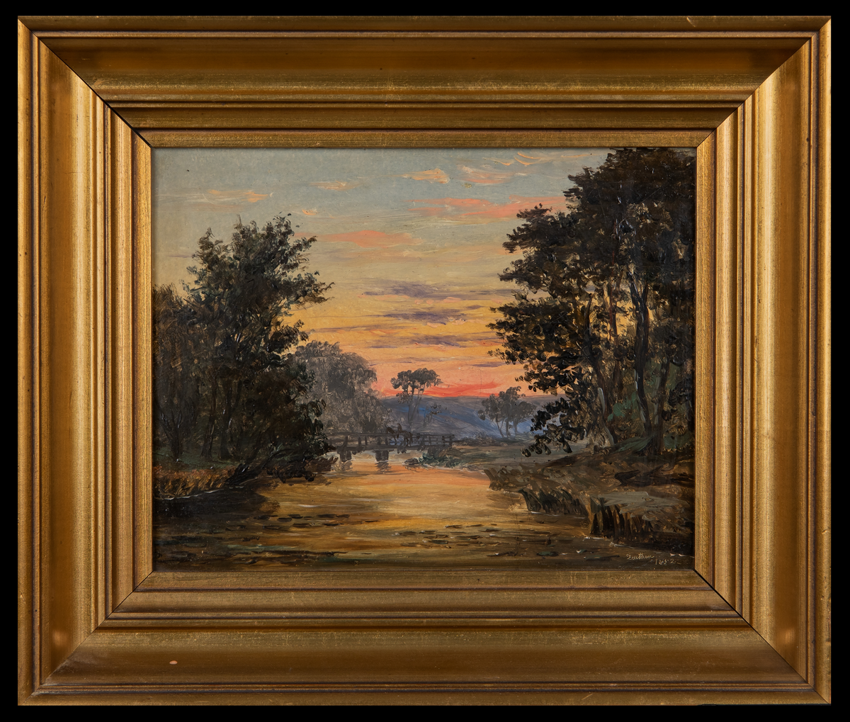 Maleri. Liggende profil. Motiv av elveløp i skog, med bru. Maleriet har gullbelagt ramme av tre.