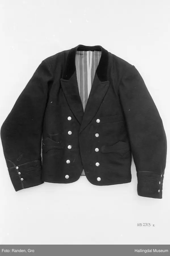 Mannsbunad fra Hallingdal, trøye, langbukse og vest. Trøye i svart vadmål. Svart fløyelskrage. Stikningar i rygg, front, lommer og erme. Ei brystlomme og to lommer, samt ei innerlomme. Stripa for i raudt, gult, grønt og blått. Blåstripa for i ermene. 10 sølvknappar framme laga av gamle myntar. Samt tre i kvart erme. Vest og lang bukse.