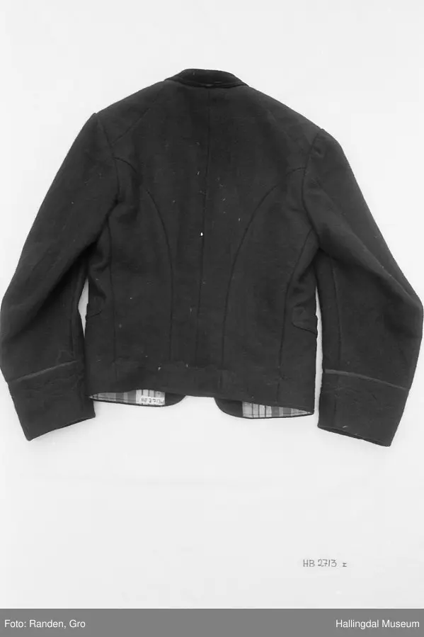 Mannsbunad fra Hallingdal, trøye, langbukse og vest. Trøye i svart vadmål. Svart fløyelskrage. Stikningar i rygg, front, lommer og erme. Ei brystlomme og to lommer, samt ei innerlomme. Stripa for i raudt, gult, grønt og blått. Blåstripa for i ermene. 10 sølvknappar framme laga av gamle myntar. Samt tre i kvart erme. Vest og lang bukse.