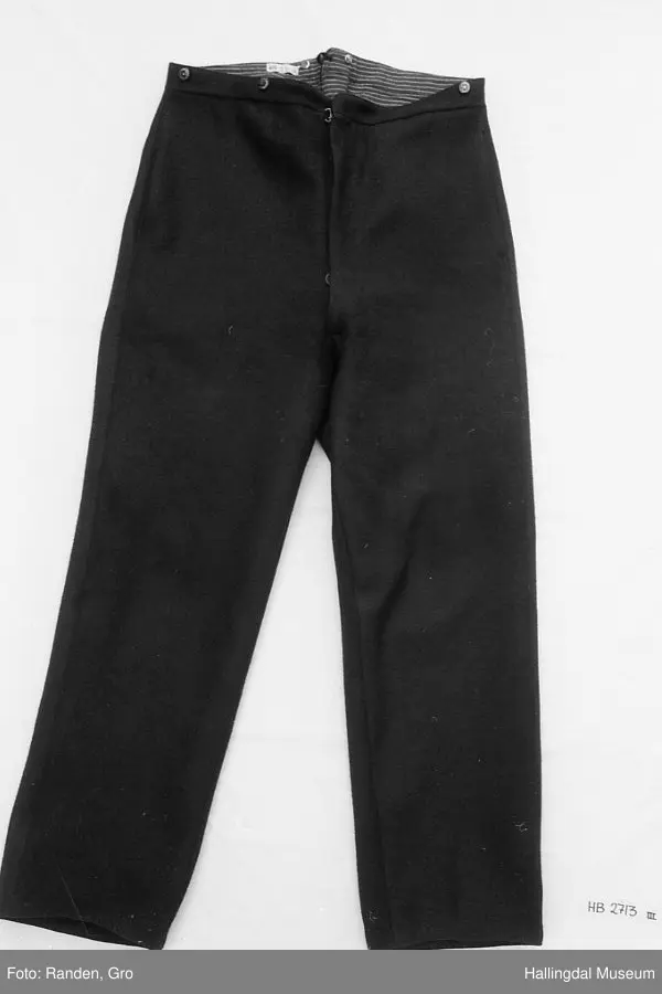 Mannsbunad fra Hallingdal, trøye, langbukse og vest. Trøye i svart vadmål. Svart fløyelskrage. Stikningar i rygg, front, lommer og erme. Ei brystlomme og to lommer, samt ei innerlomme. Stripa for i raudt, gult, grønt og blått. Blåstripa for i ermene. 10 sølvknappar framme laga av gamle myntar. Samt tre i kvart erme. Vest og lang bukse.