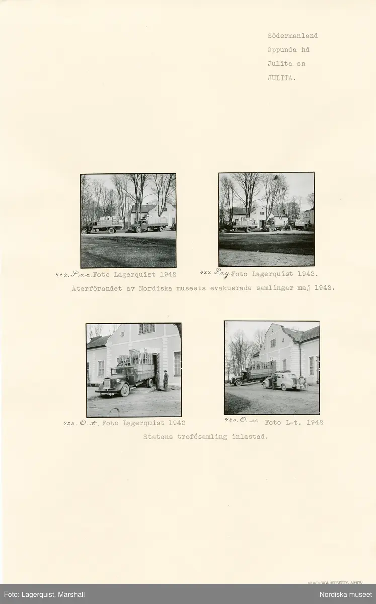 Serie bilder av återförandet av Nordiska museets evakuerade samlingar  under beredskapstiden i maj 1942. Packning och transport med lastbilar vid Julita gård samt på landsväg.