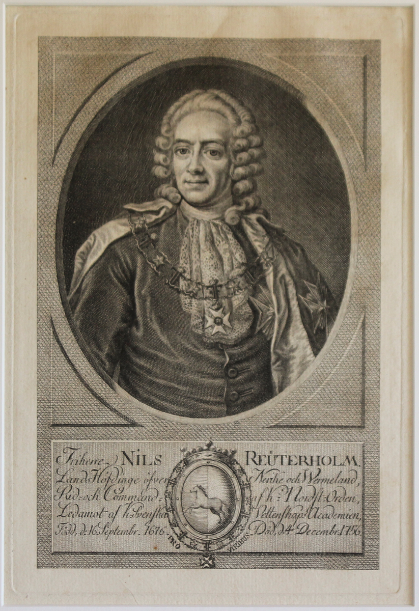 Porträtt av friherre Nils Reuterholm avbildad i Nordstjärneorderns högtidsdräkt, bilden är ett grafikt blad som avbildar ett porträtt i olja av Ulrica Pasch,1780, se Nationalmuseums samlingar NMGrh 2117.