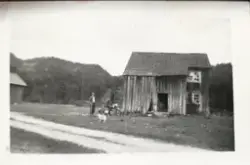 Motiv av bygningen (heigården) Myra, før flytting, fotografert på Jysereid. Bygningen er i dag oppført ved Drangedal Bygdetun.